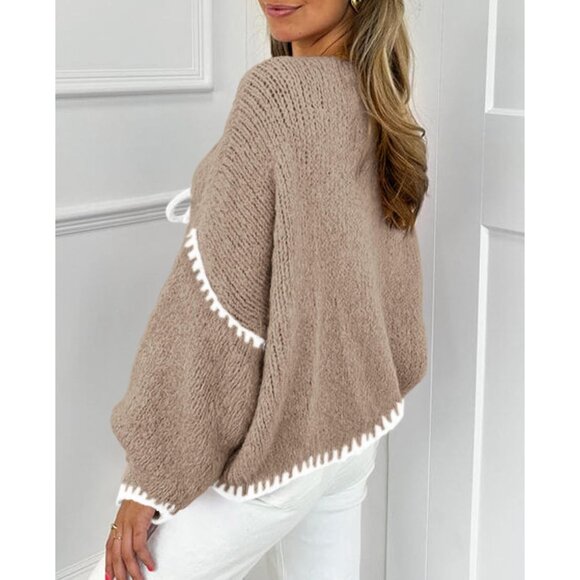 Women's Chunky Knit Tie Front Cardigan - Trendy Puff Sleeve Sweater Coat - Picture 4 of 6